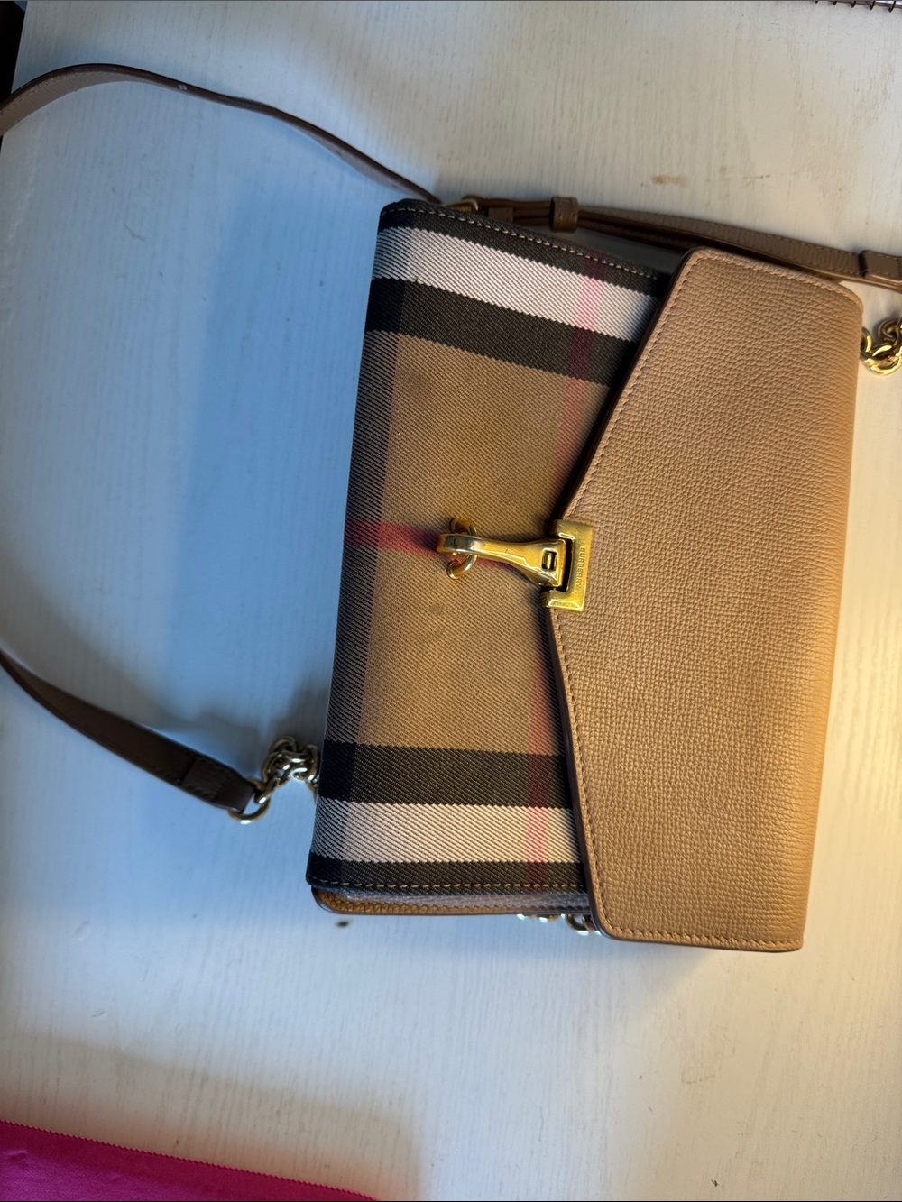 Burberry Beige Tan Plaid Crossbody Bag with Gold Hardware